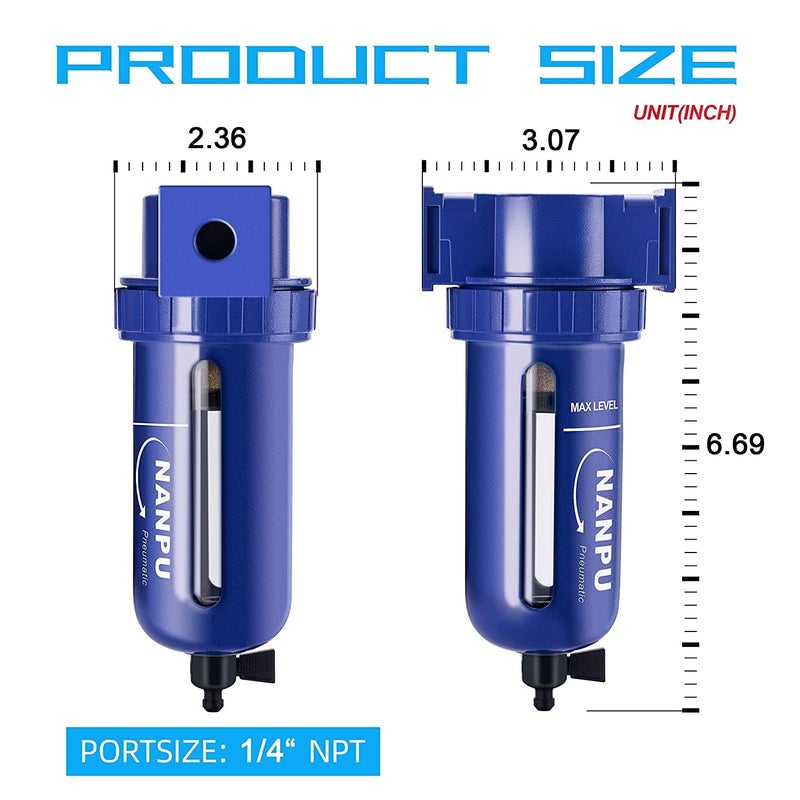 NANPU 1/4" NPT Compressed Air Filter, Zinc Alloy, 5 Micron Brass Element, Quick Release Bowl, Manual Drain, for Air Compressor ＆ Pneumatic Tools - Image 3